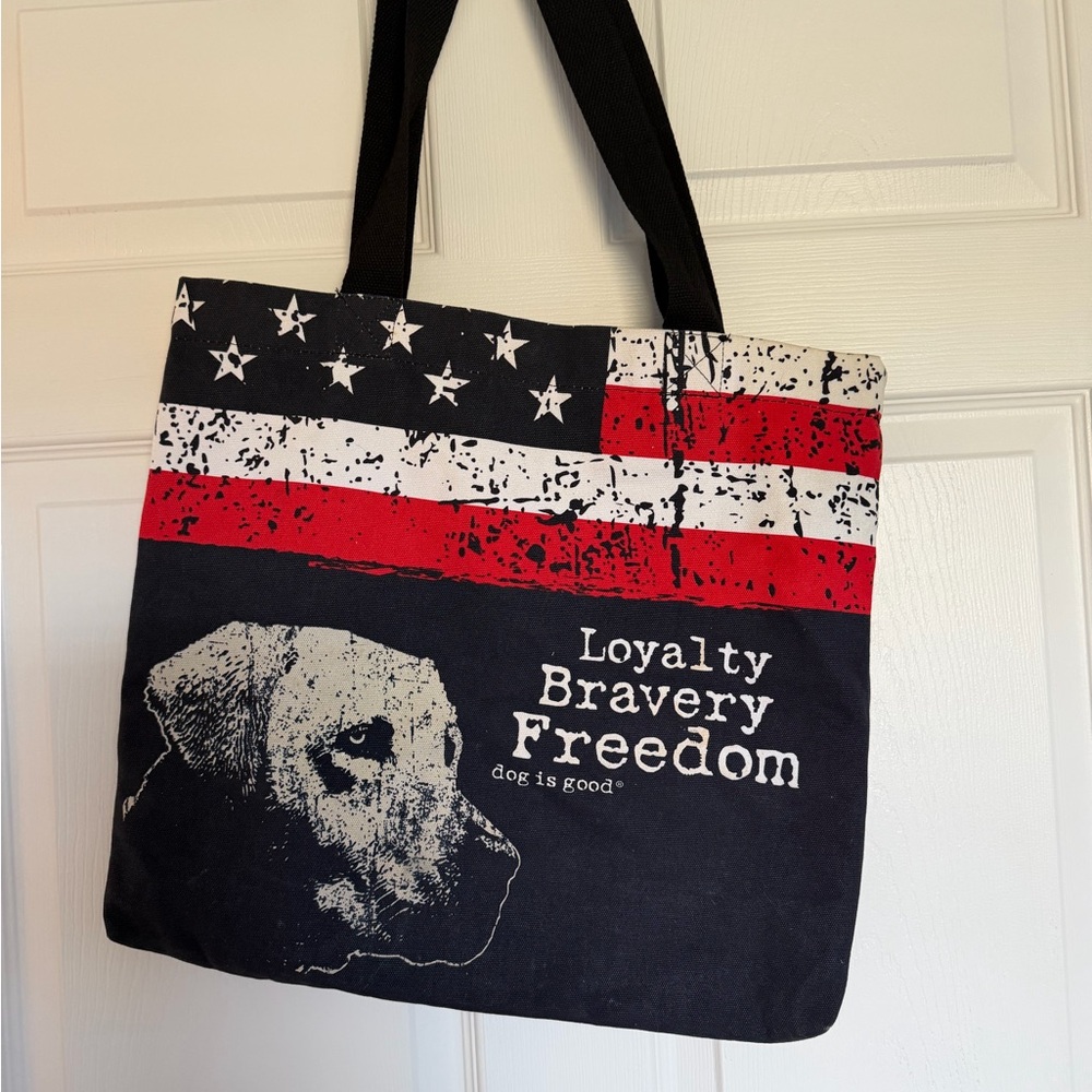 Patriotic Dog is Good Tote Bag featuring a‎ Labrador Loyalty Bravery Freedom